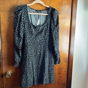 Madewell, long sleeve black with blue and white flowers mini dress size 2